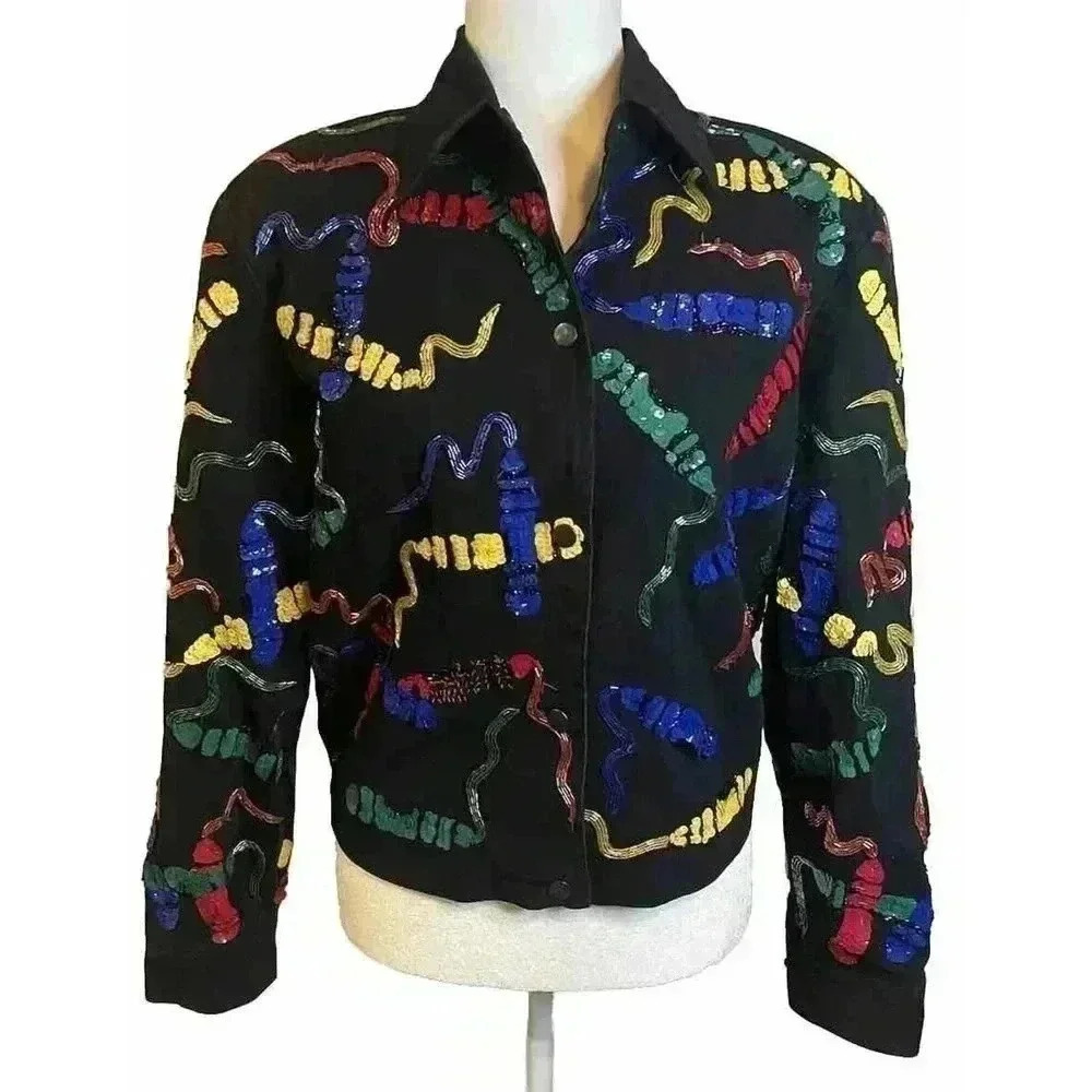 Vintage 80s Modi Denim Sequin Bomber Jacket Beaded Black Cropped Crayon Teacher